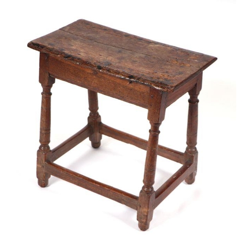 741 - A 19th century style oak joint stool, 53cms wide' together with an oak corner table, 61cms wide (2).