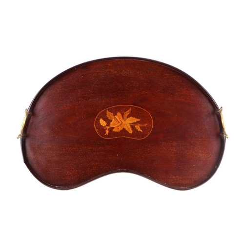 768 - An Edwardian kidney shaped inlaid mahogany two-handled tray, 58cms wide.