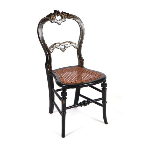 787 - A Victorian ebonised balloon backed child's chair having mother of pearl inlay and gilt decoration w... 