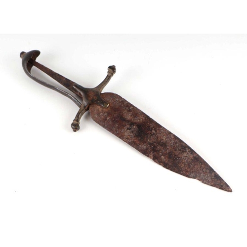 84 - An 17th /  18th century dagger with bronze hilt and leaf shaped blade, 34cms long. (possibly ottoman... 