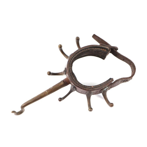 87 - A late 19th / early 20th century Securem Campaign leather and brass tent pole clothes hook, stamped ... 