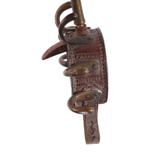 87 - A late 19th / early 20th century Securem Campaign leather and brass tent pole clothes hook, stamped ... 