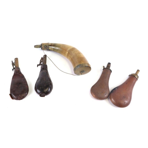 89 - A group of 19th century powder and shot flasks to include copper, leather and horn examples, the lar... 