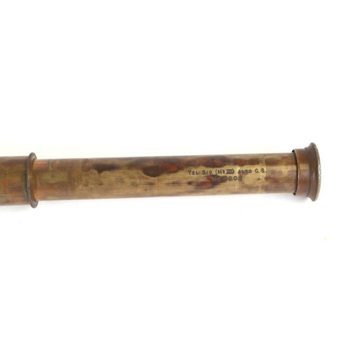 91 - A WWI British Army three-draw telescope by Ross of London, 90cms long extended, 27cms closed.