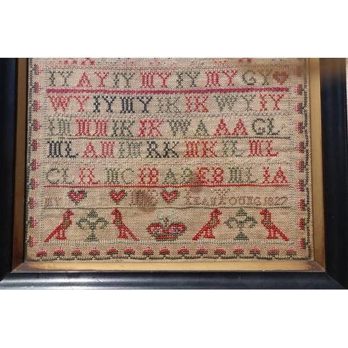 123 - A George IV sampler with alphabet, birds and trees within a foliate wavy border, dated 1827, framed ... 