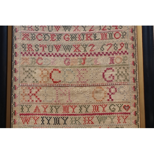 123 - A George IV sampler with alphabet, birds and trees within a foliate wavy border, dated 1827, framed ... 