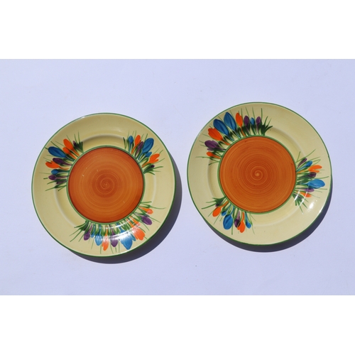 252 - A Clarice Cliff Bizarre Crocus pattern tea set, nine pieces to include teapot.