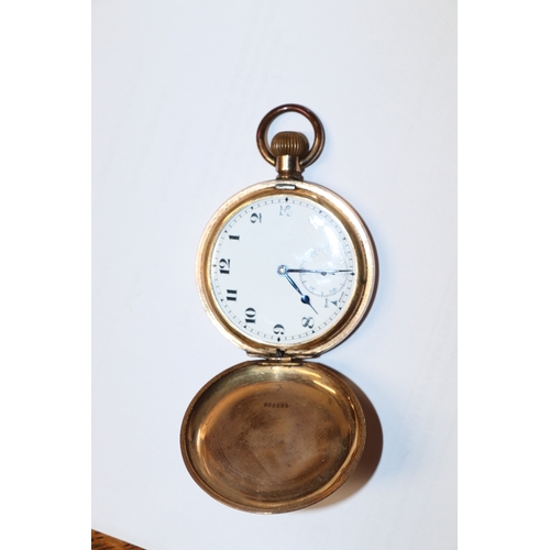 427 - A gold plated full hunter pocket watch, the white enamel dial with Arabic numerals and subsidiary se... 