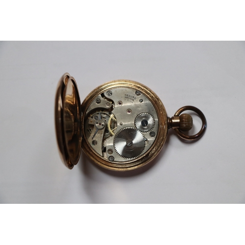 427 - A gold plated full hunter pocket watch, the white enamel dial with Arabic numerals and subsidiary se... 