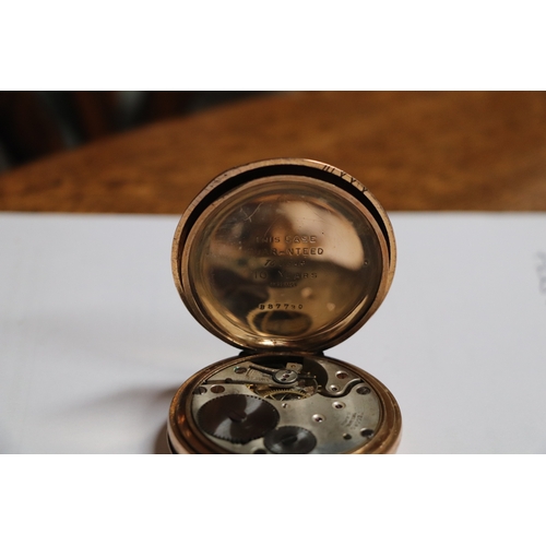 427 - A gold plated full hunter pocket watch, the white enamel dial with Arabic numerals and subsidiary se... 