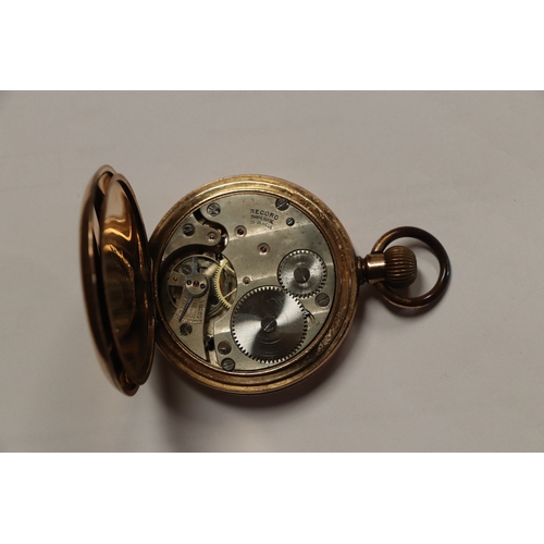 427 - A gold plated full hunter pocket watch, the white enamel dial with Arabic numerals and subsidiary se... 