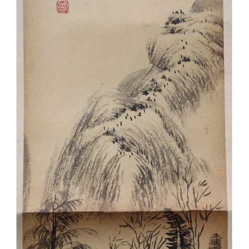 621 - Four Chinese scroll paintings depicting mountainous landscape scenes and calligraphy. each 13 by 49c... 