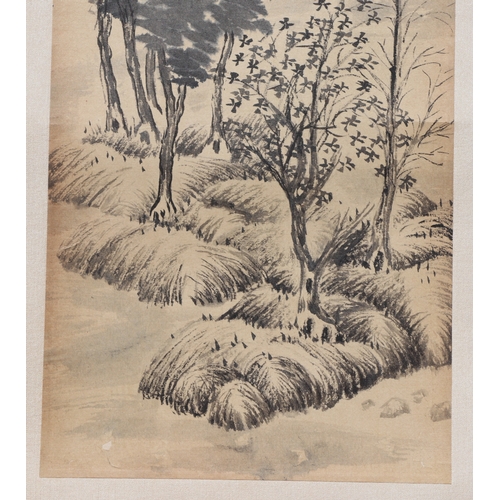 621 - Four Chinese scroll paintings depicting mountainous landscape scenes and calligraphy. each 13 by 49c... 