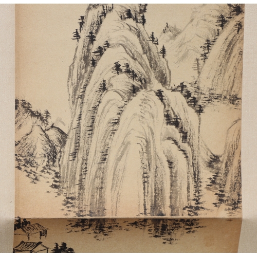 621 - Four Chinese scroll paintings depicting mountainous landscape scenes and calligraphy. each 13 by 49c... 