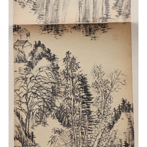 621 - Four Chinese scroll paintings depicting mountainous landscape scenes and calligraphy. each 13 by 49c... 