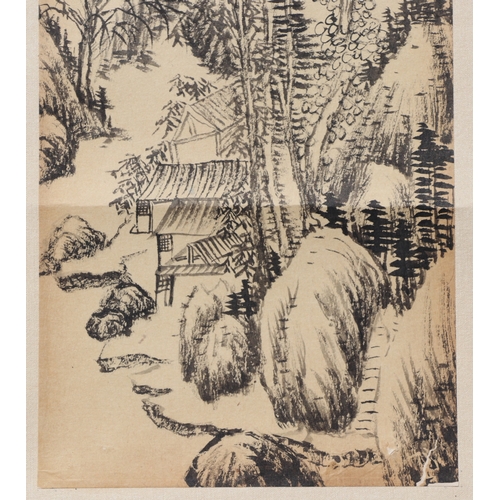 621 - Four Chinese scroll paintings depicting mountainous landscape scenes and calligraphy. each 13 by 49c... 