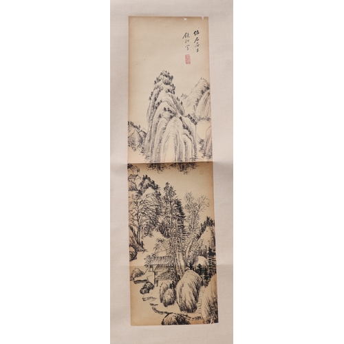 621 - Four Chinese scroll paintings depicting mountainous landscape scenes and calligraphy. each 13 by 49c... 