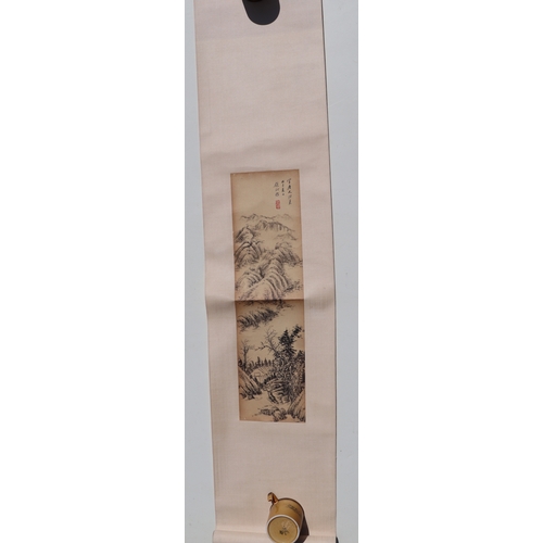 621 - Four Chinese scroll paintings depicting mountainous landscape scenes and calligraphy. each 13 by 49c... 