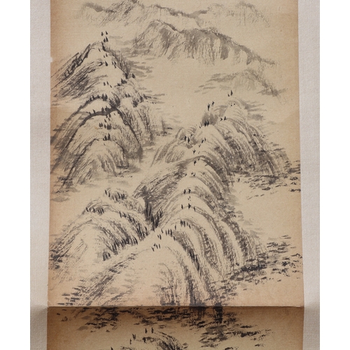 621 - Four Chinese scroll paintings depicting mountainous landscape scenes and calligraphy. each 13 by 49c... 