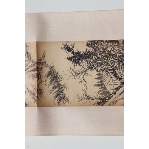 621 - Four Chinese scroll paintings depicting mountainous landscape scenes and calligraphy. each 13 by 49c... 