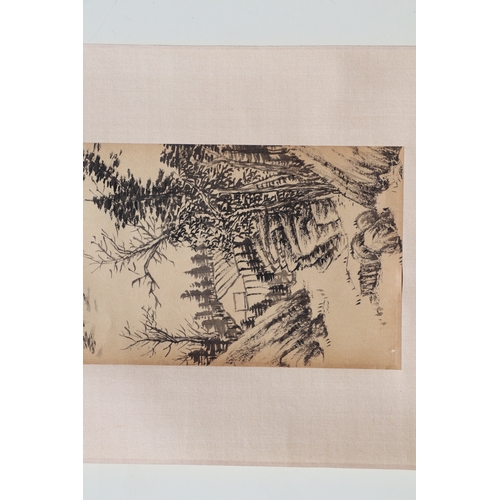 621 - Four Chinese scroll paintings depicting mountainous landscape scenes and calligraphy. each 13 by 49c... 