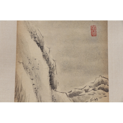 621 - Four Chinese scroll paintings depicting mountainous landscape scenes and calligraphy. each 13 by 49c... 