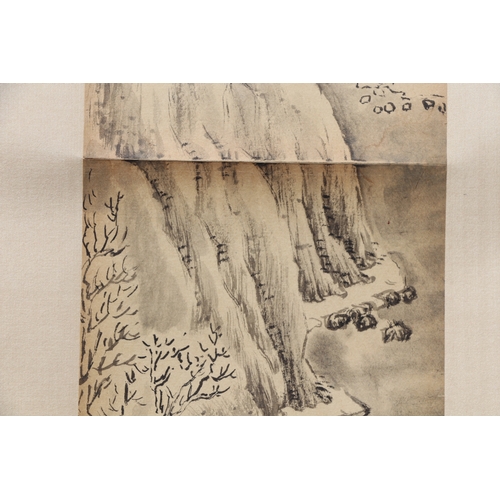 621 - Four Chinese scroll paintings depicting mountainous landscape scenes and calligraphy. each 13 by 49c... 