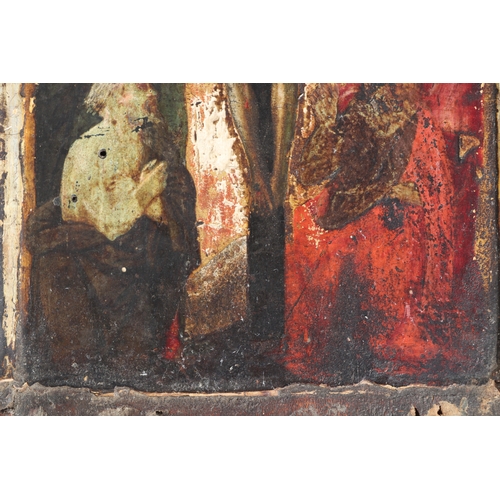 366 - A painted wooden icon depicting the crucifixion of Christ, on a gilt ground, 18 by 29cms.