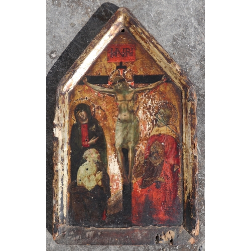 366 - A painted wooden icon depicting the crucifixion of Christ, on a gilt ground, 18 by 29cms.