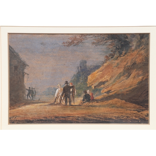 203 - William Payne (1760-1830) - A Shore Scene with Fisherfolk - watercolour, artist information to verso... 