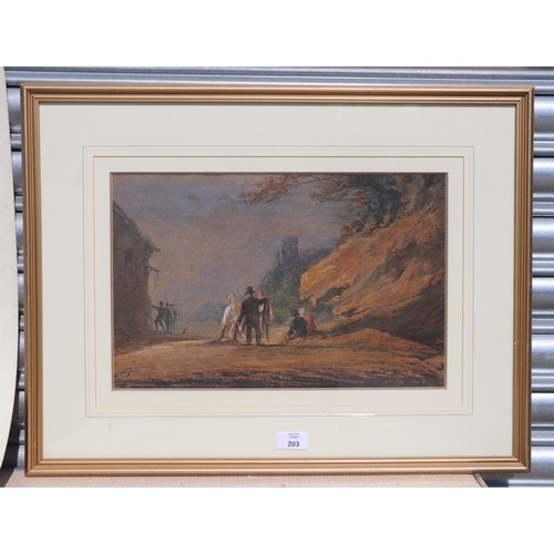 203 - William Payne (1760-1830) - A Shore Scene with Fisherfolk - watercolour, artist information to verso... 