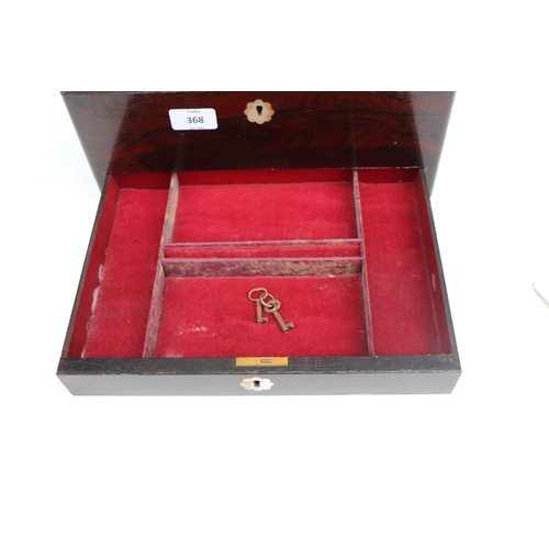 368 - A 19th century rosewood dressing box, the fitted interior with silver plated cosmetic jars and jewel... 