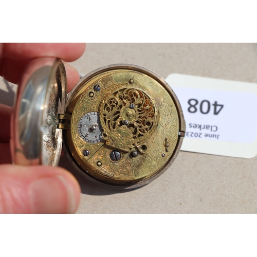 408 - A George III silver pair cased pocket watch, the white enamel dial with Roman numerals and fitted wi... 