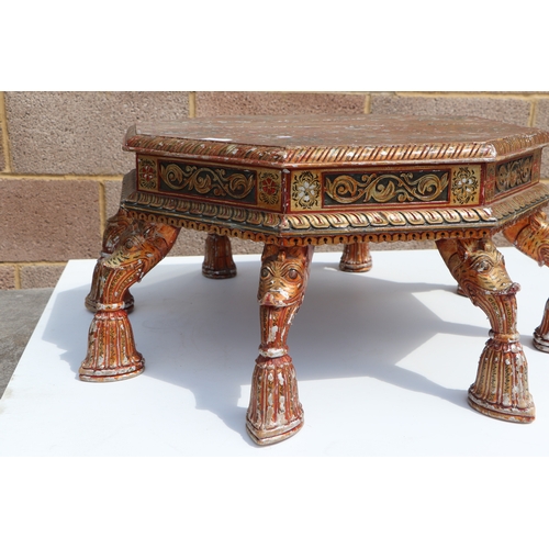 774 - A Kashmiri low prayer table, the octagonal top on eight hoof support legs, 67cms wide.