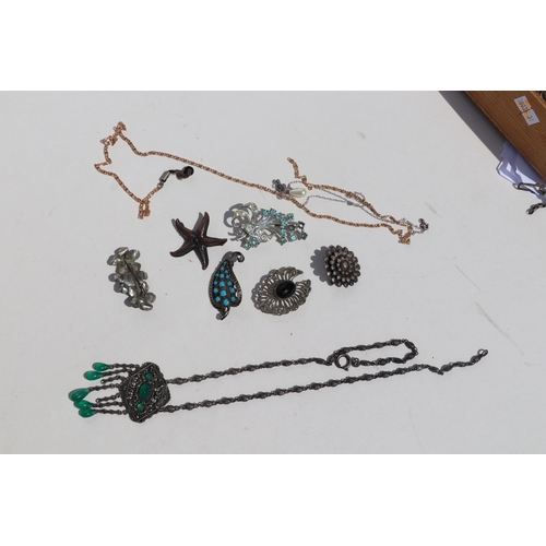 482 - A quantity of assorted costume jewellery to include brooches, hat pins, necklaces and similar items.