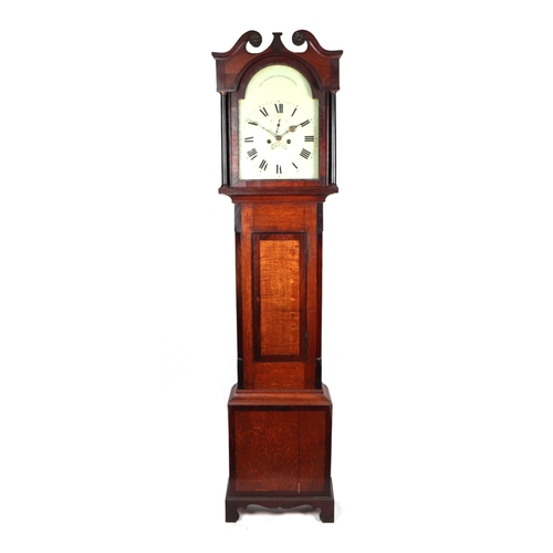 627 - A longcase clock, the 30cm square arched painted dial with Roman numerals, subsidiary seconds dial a... 