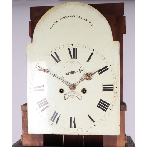 627 - A longcase clock, the 30cm square arched painted dial with Roman numerals, subsidiary seconds dial a... 