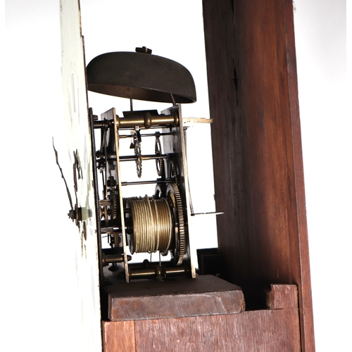 627 - A longcase clock, the 30cm square arched painted dial with Roman numerals, subsidiary seconds dial a... 