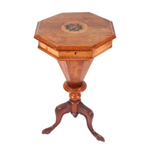 1006 - A Victorian inlaid walnut trumpet work box on tripod base, 40cm wide.