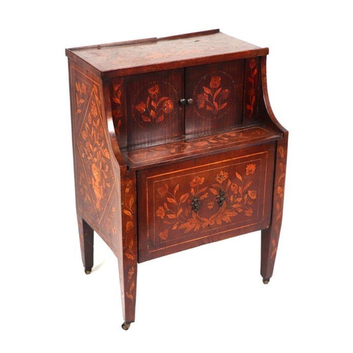 1008 - A late 18th Dutch marquetry night stand, the rectangular tray top above a tambour door cupboard with... 