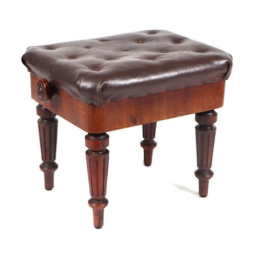 1012 - A Victorian walnut piano stool with rise and fall mechanism, on turned and reeded legs, 54cm wide.