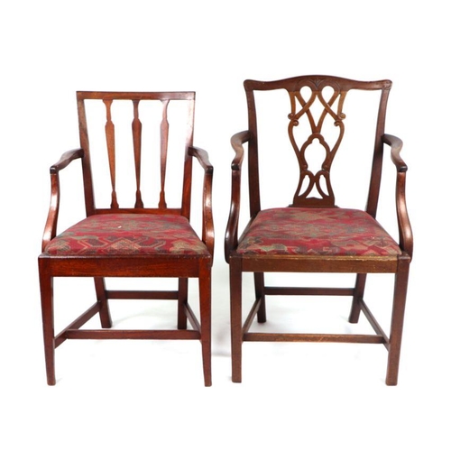 1021 - A harlequin set of George III style mahogany dining chairs with drop in seats (4+2).