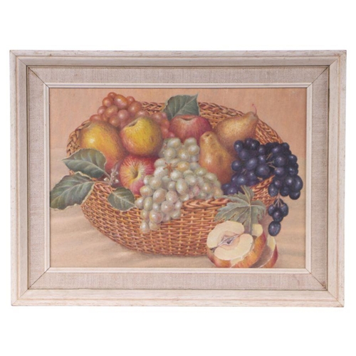 141 - Modern British - Still Life of Fruit in a Basket - oil on board, framed, 34 by 24cms.