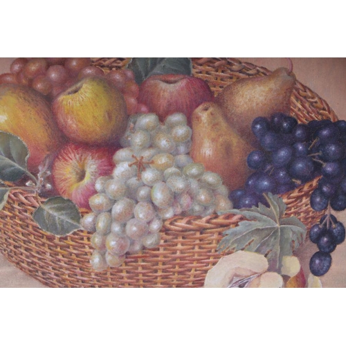 141 - Modern British - Still Life of Fruit in a Basket - oil on board, framed, 34 by 24cms.