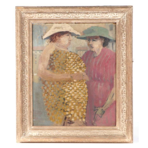 142 - Modern British - Study of Two Women Wearing Hats - oil on board, framed, 34 by 41cms; together with ... 