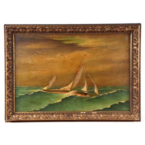 145 - 19th century school - A Schooner in Rough Seas - oil on board, framed, indistinct description and da... 