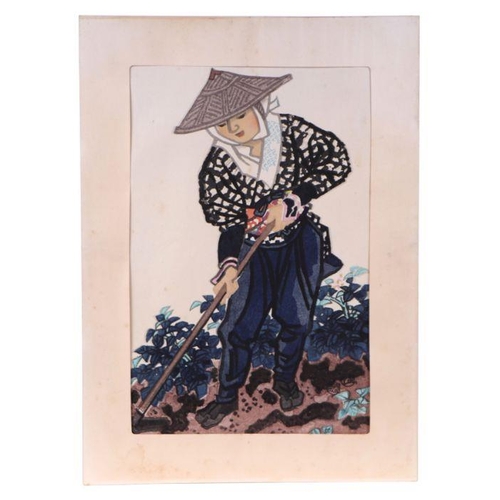 147 - Eiichi Kotozuka (Japanese 1906-1979) - Farmer in Kyoto - coloured woodblock print, mounted but unfra... 