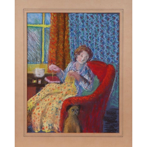 167 - Carol Rothwell (?) (modern British) - Lady Seated with a Pug Dog - pastel, framed & glazed, 21 b... 