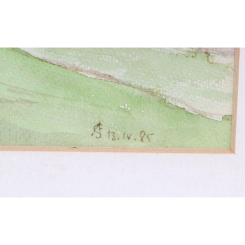 168 - 20th century British - Study of a Church - monogrammed and dated '85 lower right, watercolour, frame... 