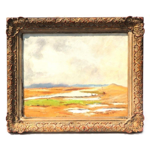 172 - 20th century school - Coastal Estuary Scene with Boat at Low Tide - oil on canvas, framed, 50 by 40c... 